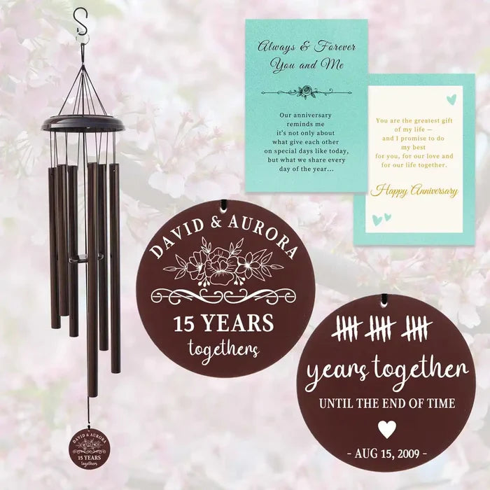 Bronze Personalized Wind Chime for 15th Wedding Anniversary with custom engraving and gift card