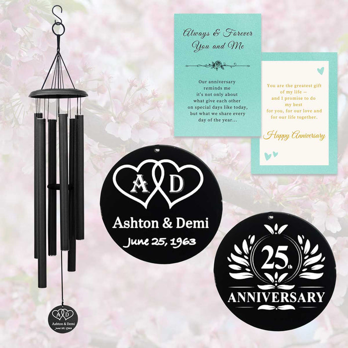 Black Personalized Wind Chime for Anniversary with custom engraving and gift card