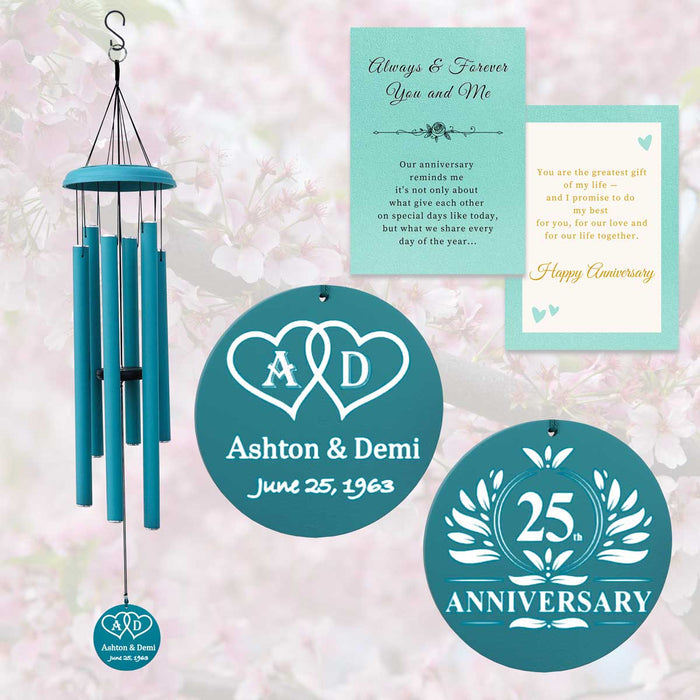 Light Blue Personalized Wind Chime for Anniversary with custom engraving and gift card