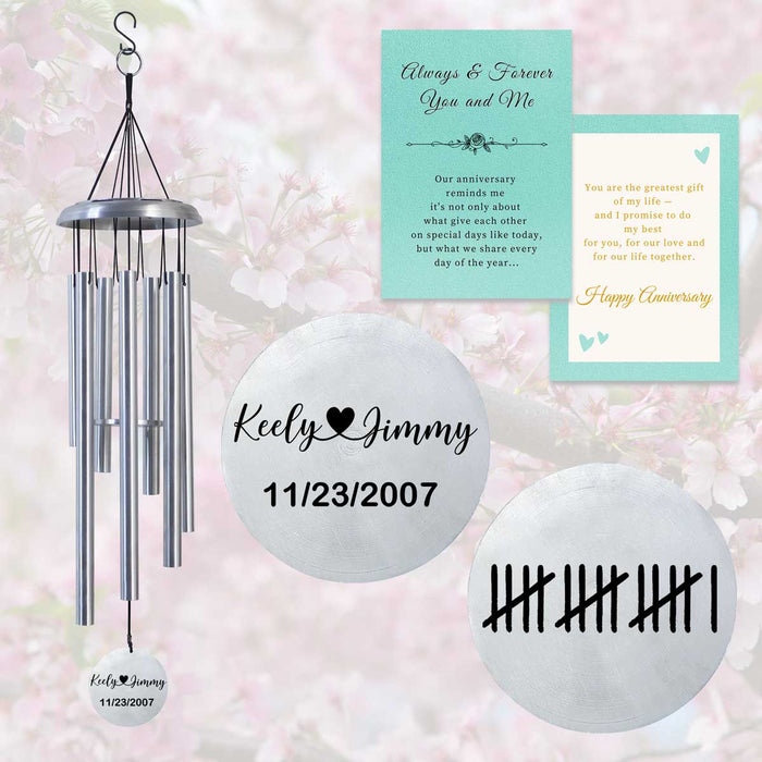 Silver personalized anniversary wind chime with custom engraving and included gift card packaging