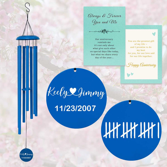 Dark Blue Personalized Anniversary Wind Chime with Custom Engraving and gift card