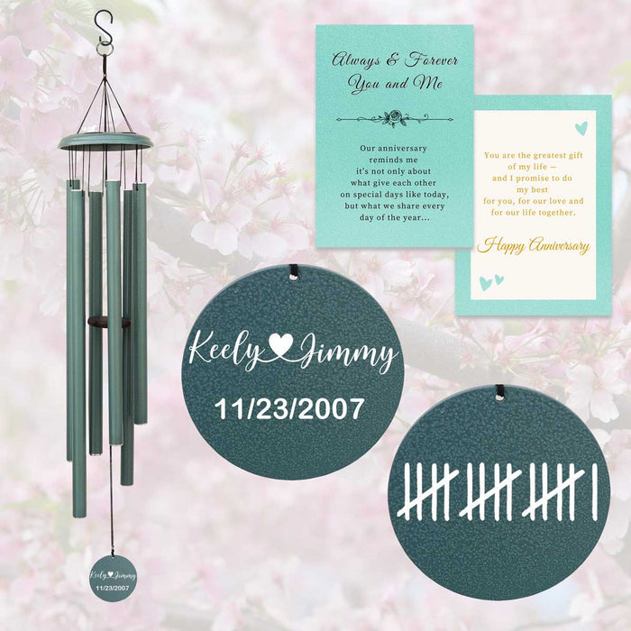 Turkish Green Personalized Anniversary Wind Chime with Custom Engraving and gift card