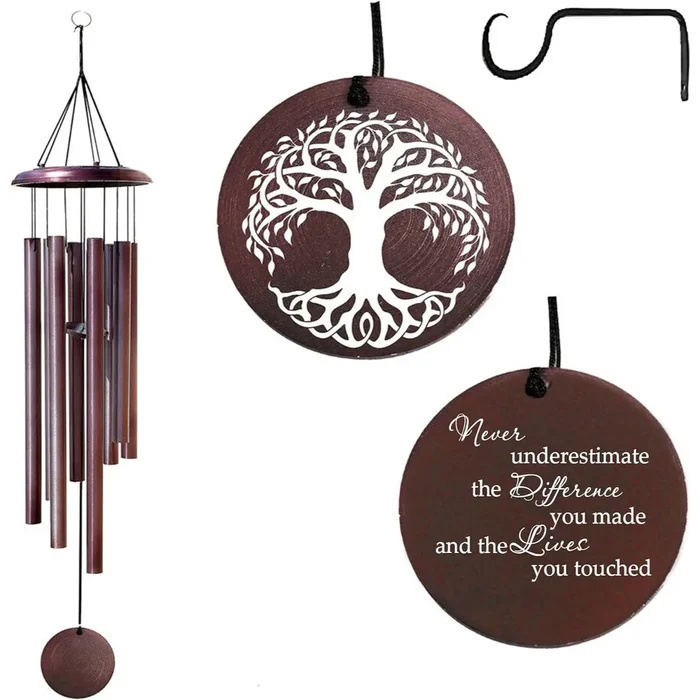 Bronze-colored retirement wind chime with a Tree of Life design and an engraved message.