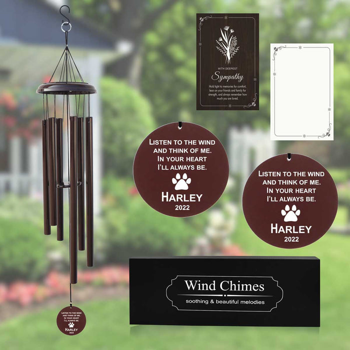 Personalized pet memorial wind chime with paw sign, message and dates for Pet