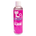 Bottle of Pink Pussycat Lube with pink label and white cap on a white background