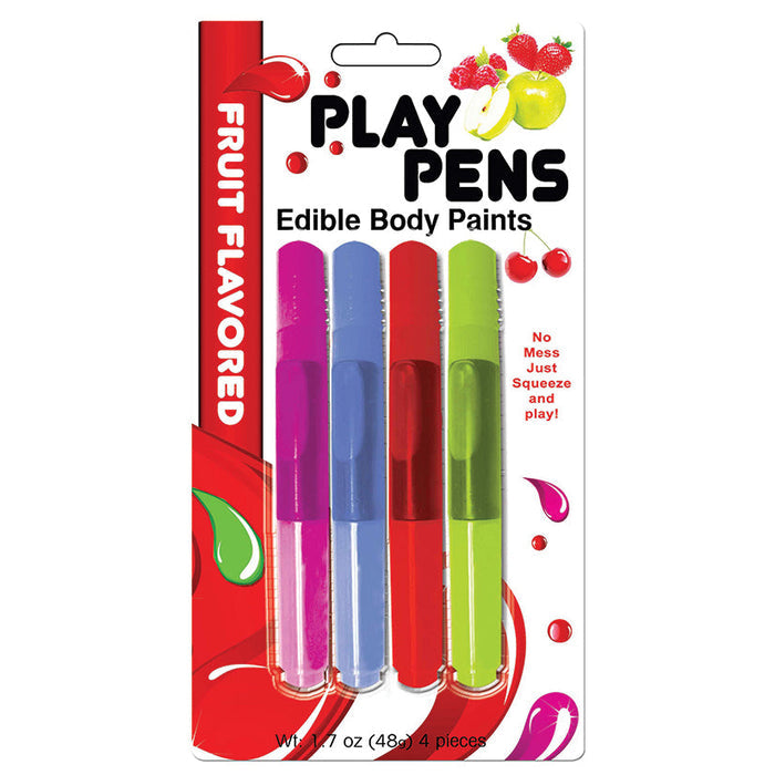 Packaging of Play Pens Edible Body Paints with colorful pens and fruit-themed design.