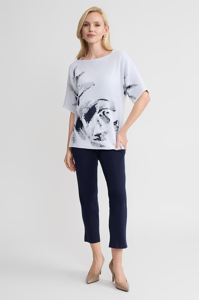 Plus Size Abstract Print Soft Knit Tunic, White/Indigo | Ming Wang