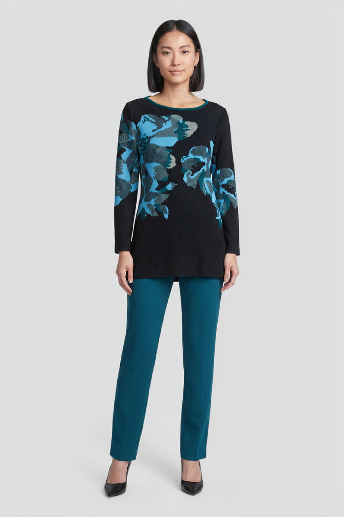 Plus Size Floral Jacquard Soft Knit Tunic, Deep Teal/Tranquil Blue/French Almond/Black | Ming Wang