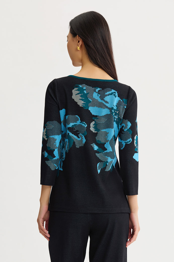Plus Size Floral Jacquard Soft Knit Tunic, Deep Teal/Tranquil Blue/French Almond/Black | Ming Wang