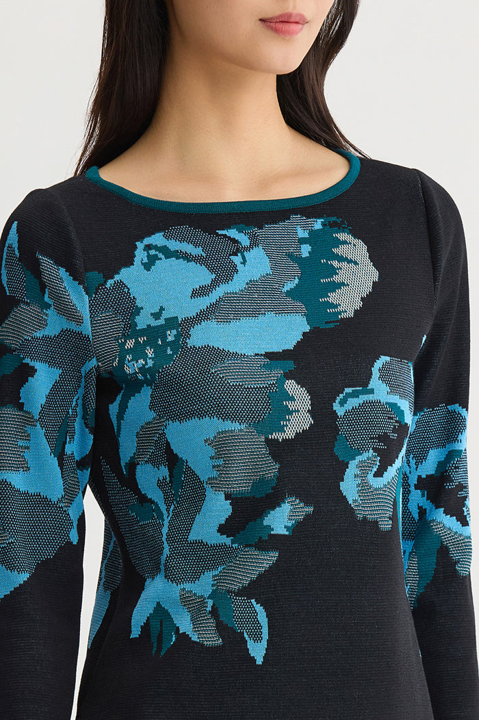 Plus Size Floral Jacquard Soft Knit Tunic, Deep Teal/Tranquil Blue/French Almond/Black | Ming Wang