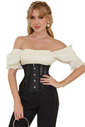 Woman wearing a black corset with a white off-shoulder top on a white background