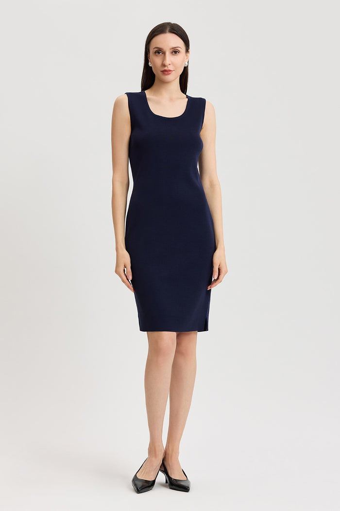 Plus Size Sleeveless Sheath Knit Dress, Indigo, Indigo | Ming Wang