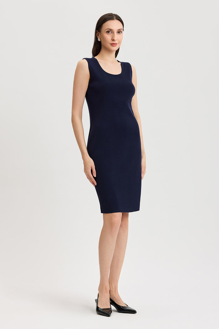 Plus Size Sleeveless Sheath Knit Dress, Indigo, Indigo | Ming Wang