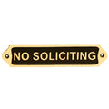Premium solid brass No Soliciting door sign with a matte black finish and polished gold brass lettering, model by PorthoMall.