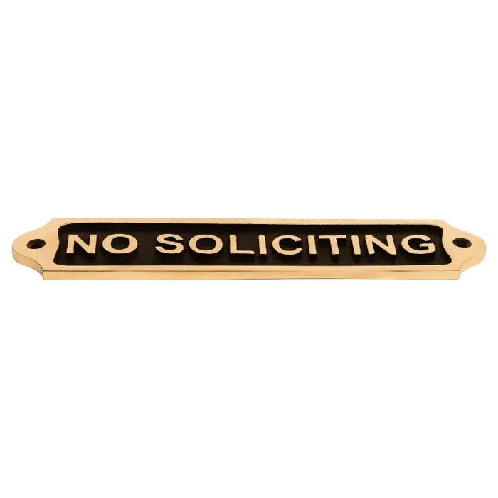 Prevent unwanted visitors with this classic "No Soliciting" door plaque crafted from black finish brass. Durable and stylish. Buy now!