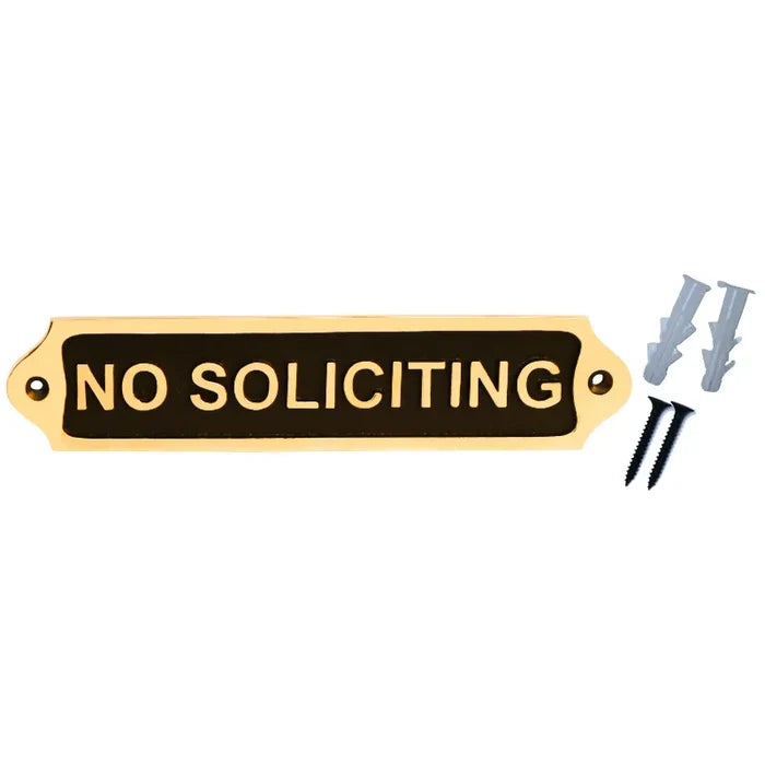 Prevent unwanted visitors with this classic "No Soliciting" door plaque crafted from black finish brass. Durable and stylish. Buy now!