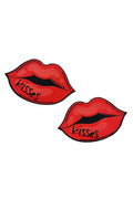 Two red lips with the word 'kisses' on a white background