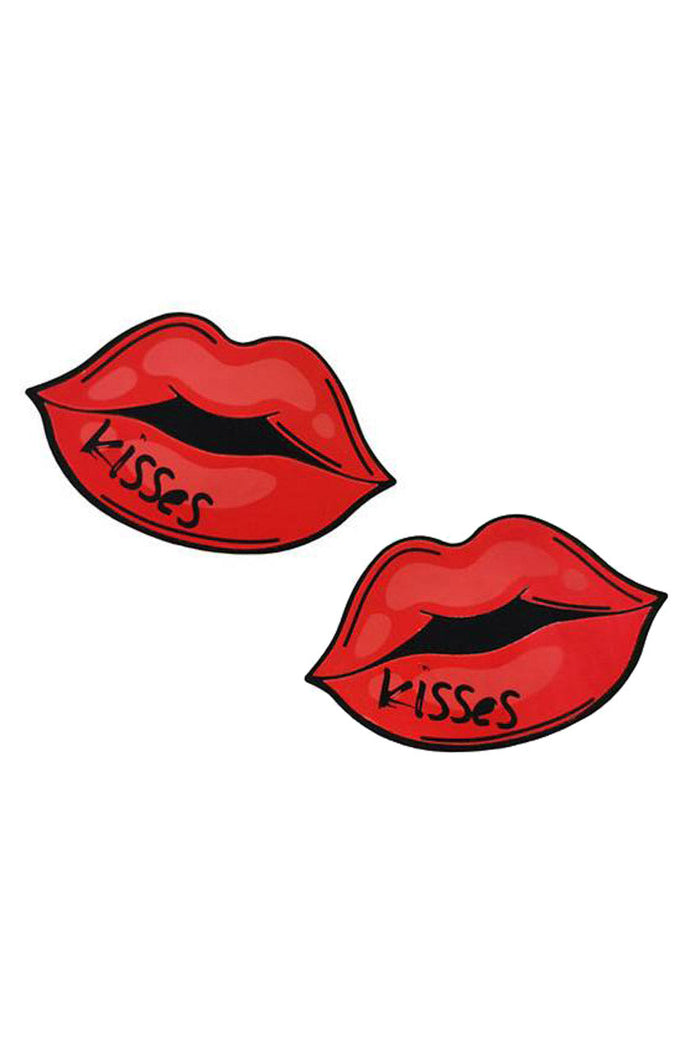 Two red lips with the word 'kisses' on a white background