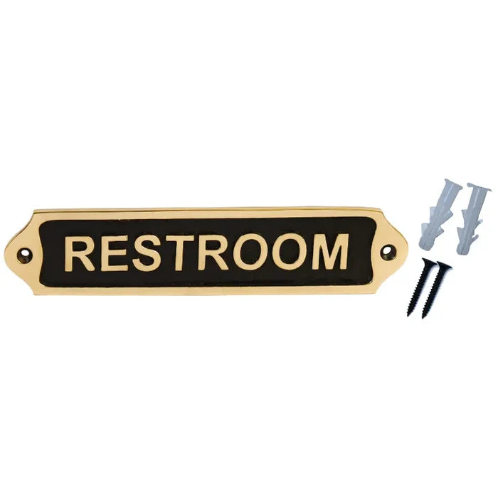 Elegant brass door sign for restroom or bathroom with mounting hardware
