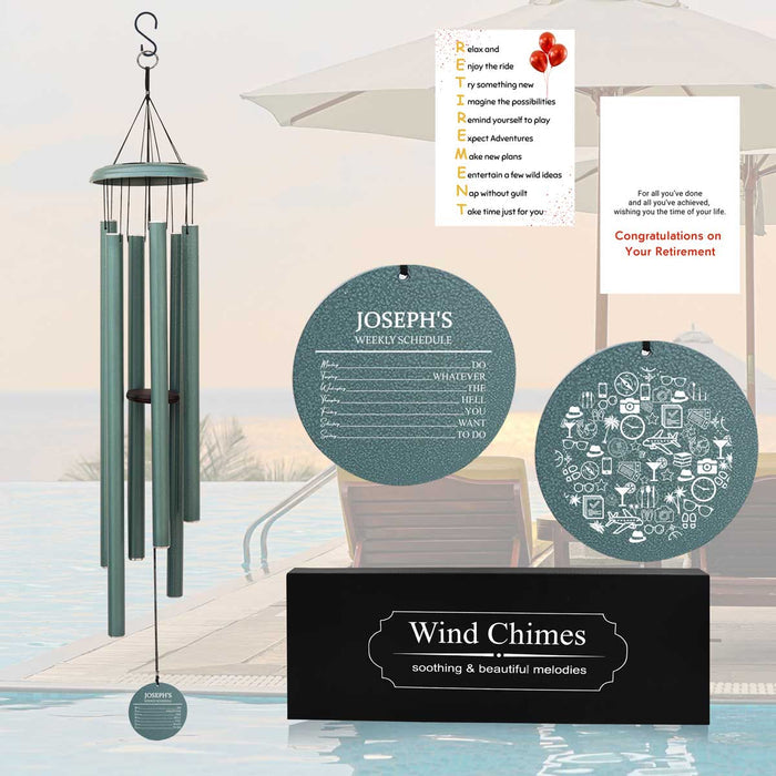 Personalized Retirement Wind Chime in Turkish Green Colors with Custom Engraving