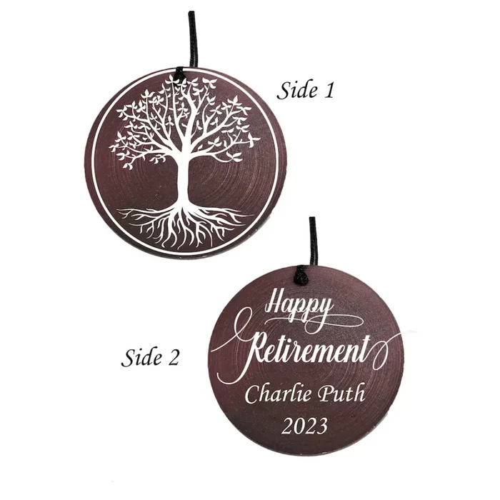 Two circular bronze wind chimes with personalized retirement messages, one labeled 'Happy Retirement' and the other with a signature-like text, presumably a customization option.