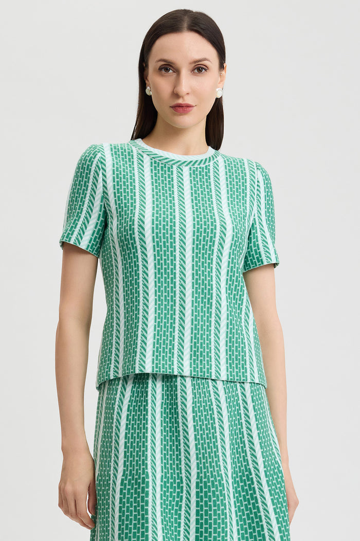 Roadmap Pattern Soft Knit Top, Kelly Green/Eucalyptus/Ivory | Ming Wang