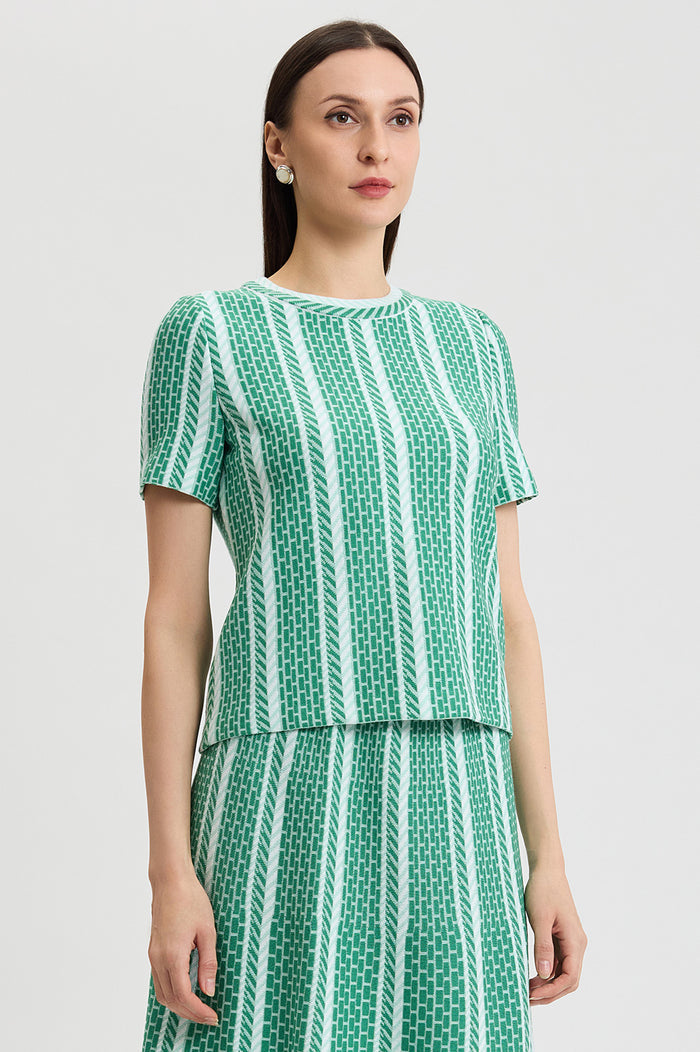Roadmap Pattern Soft Knit Top, Kelly Green/Eucalyptus/Ivory | Ming Wang