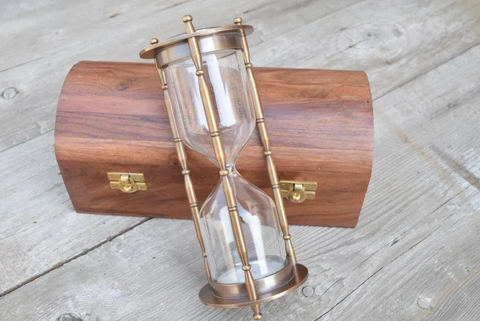 Brass antique 6 inch sand timer hourglass with wooden box