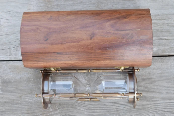 Collectible sand timer hourglass in wooden box