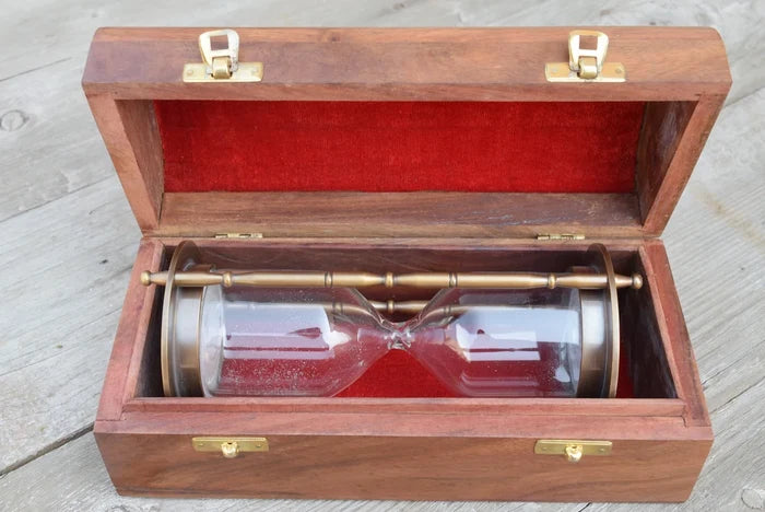 Antique brass sand clock with wooden box