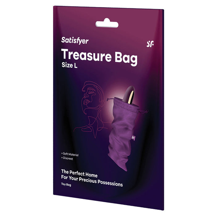 Purple packaging of Satisfyer Treasure Bag Size L on a white background
