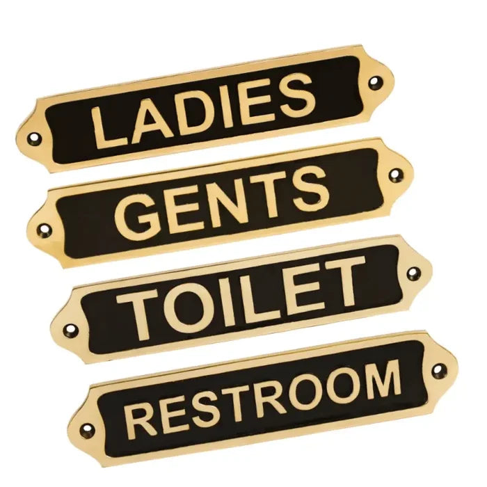Set of 4 Toilet Signs for Door – Restroom, Ladies, Gents & Toilet | Brass Door Sign