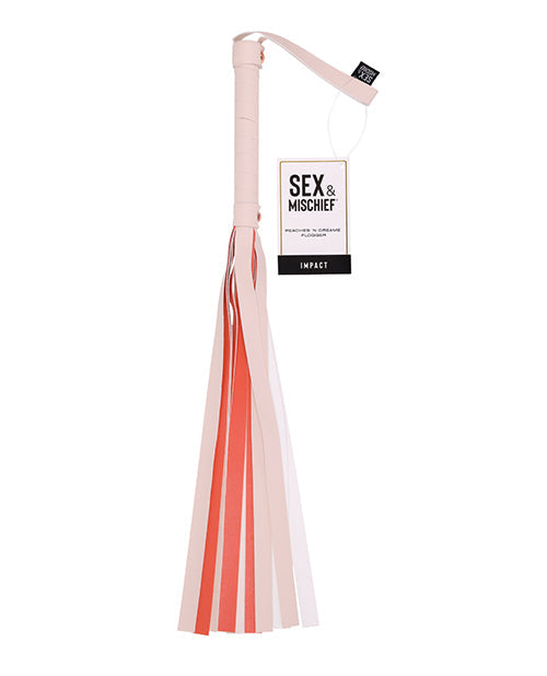 Striped flogger with 'Sex & Mischief' branding on a white background