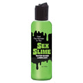 Green bottle of Sex Slime water-based lubricant with black cap on a white background