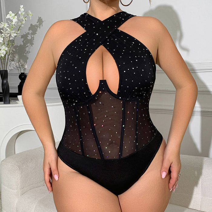 Sexy jumpsuit with open crotch perspective underwear and mesh jumpsuit