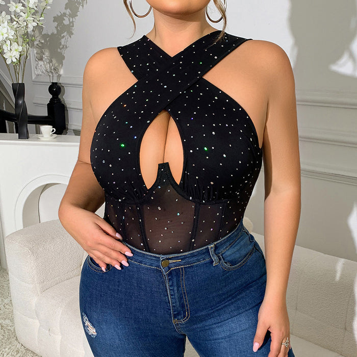 Sexy jumpsuit with open crotch perspective underwear and mesh jumpsuit