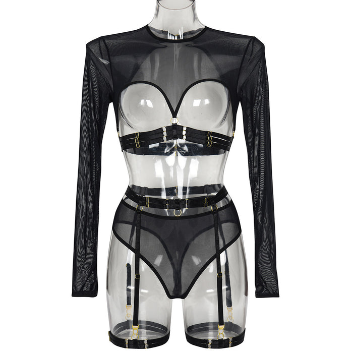 Sheer Mesh Patchwork Strap Heavy Craft Complex Three-Piece Lingerie Set