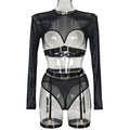 Sheer Mesh Patchwork Strap Heavy Craft Complex Three-Piece Lingerie Set