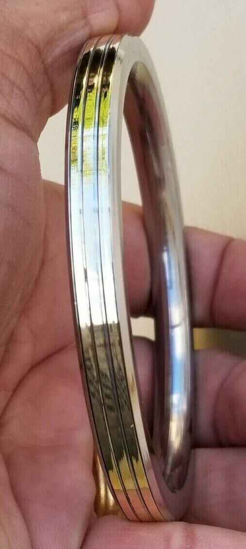 Sikh Kara Stainless Steel Kada Three Brass Lines Smooth Flat Bangle Singh Kaur V20S Bracelet