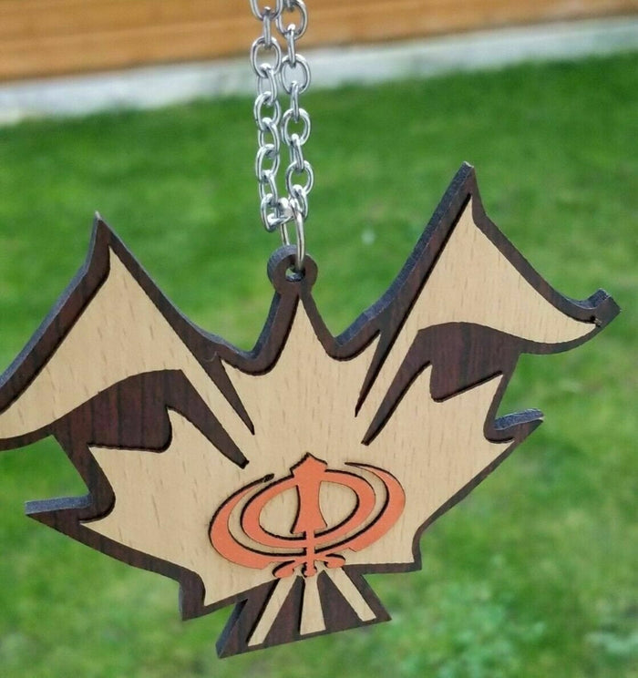 Sikh Wooden Khanda Canada maple Leaf Nishan Sahib Pendant Car mirror hanger KK5K Punjabi