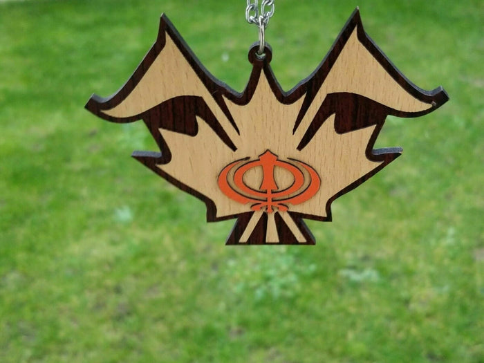 Sikh Wooden Khanda Canada maple Leaf Nishan Sahib Pendant Car mirror hanger KK5K Punjabi