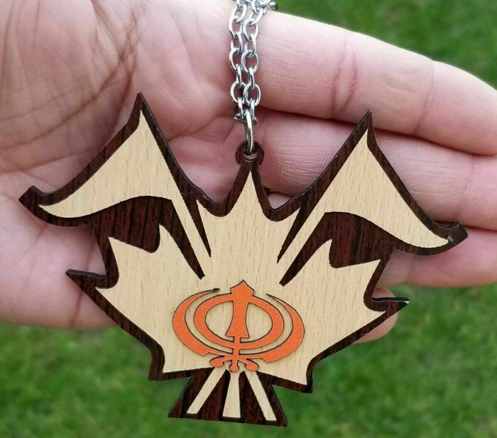 Sikh Wooden Khanda Canada maple Leaf Nishan Sahib Pendant Car mirror hanger KK5K Punjabi