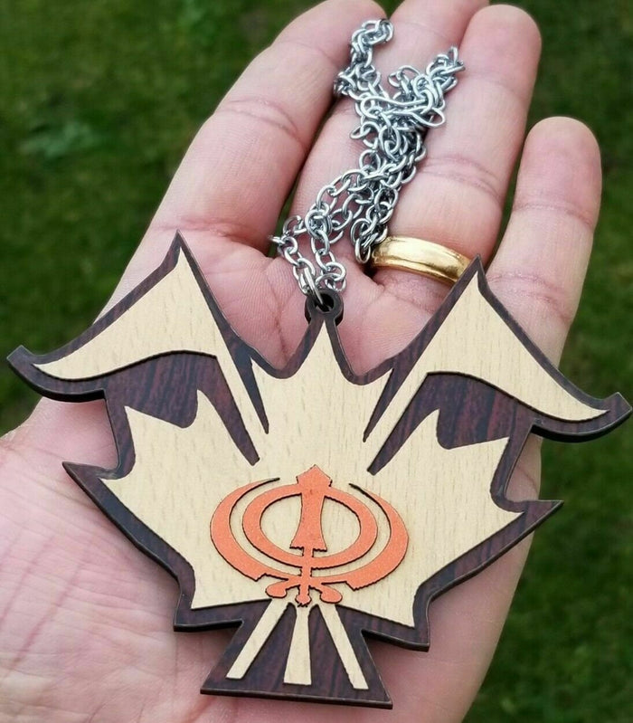 Sikh Wooden Khanda Canada maple Leaf Nishan Sahib Pendant Car mirror hanger KK5K Punjabi