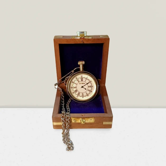 Engraved silver pocket watch with chain & wooden box – luxury gift