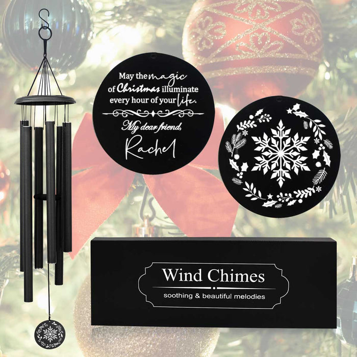 Snowflake Christmas wind chime in Black finish with custom engraved message