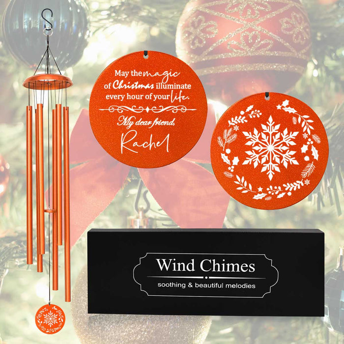 Snowflake Christmas wind chime in copper finish with custom engraved message