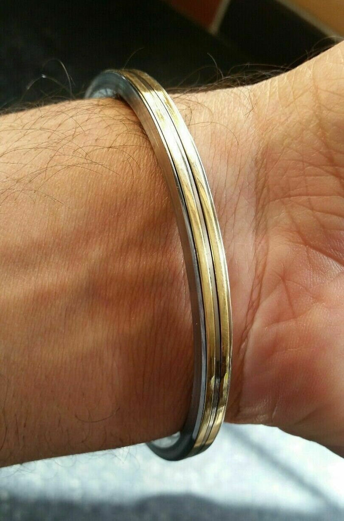 Stainless Steel Kara Sikh Bangle with Double Brass Lines Smooth Punjabi Bracelet ZZ4