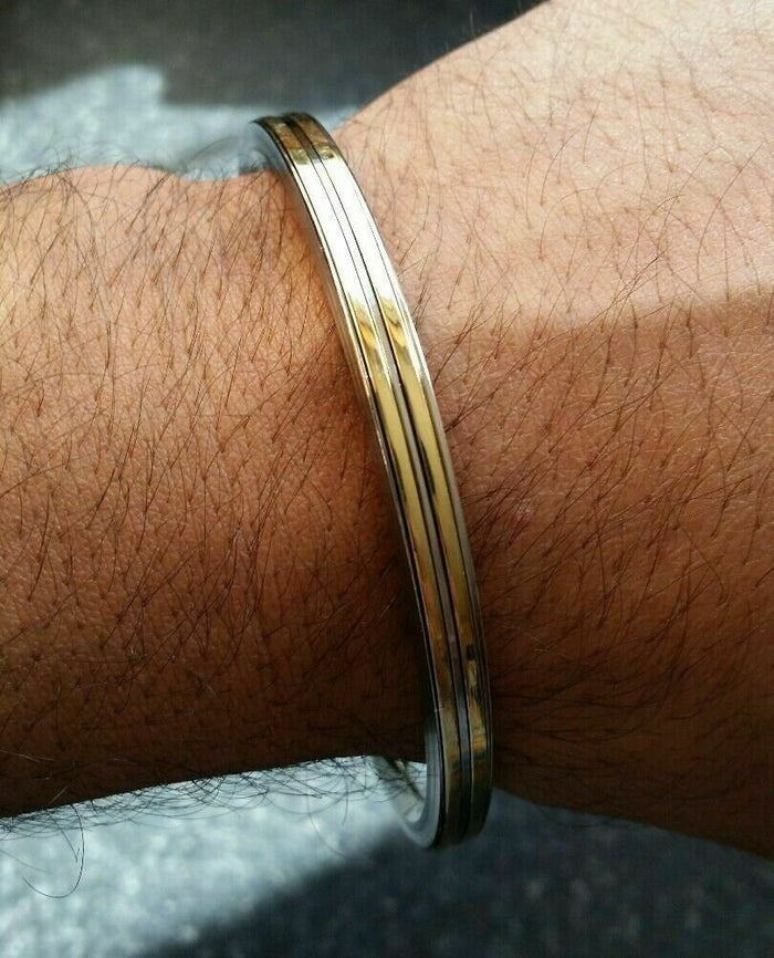 Stainless Steel Kara Sikh Bangle with Double Brass Lines Smooth Punjabi Bracelet ZZ4