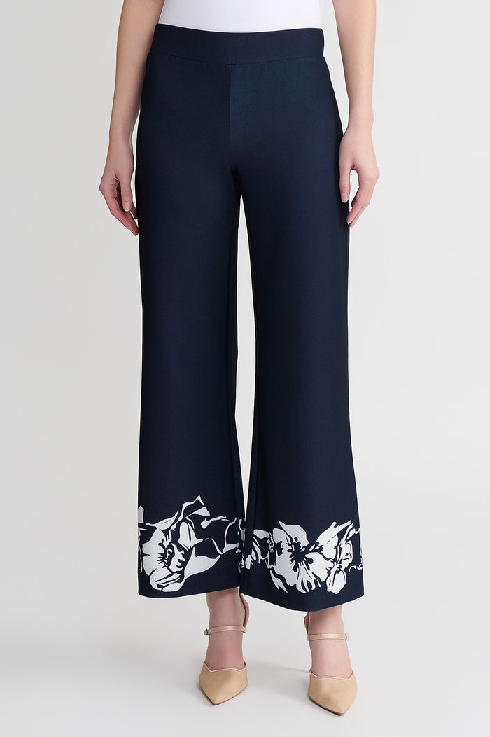 Stretch Deco Crepe Floral Print Wide-Leg Pants, Indigo/White | Ming Wang