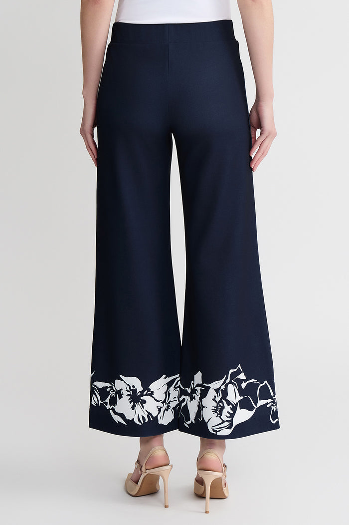 Stretch Deco Crepe Floral Print Wide-Leg Pants, Indigo/White | Ming Wang